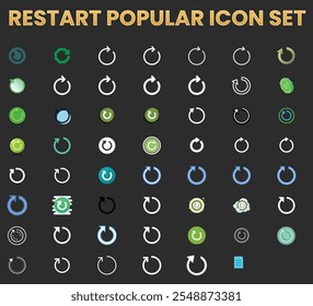 Uma grade com vários designs de ícone de atualização de reinicialização. 


Os ícones são circulares, com uma variedade de cores e estilos. Alguns são simples setas brancas dentro de um círculo, outros são botões circulares com diferentes