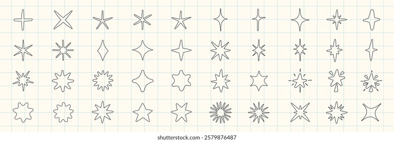 A grid of various star shapes on graph paper. Star shapes include crosses, diamonds, and bursts. Star shapes are diverse, with different angles and points. Element vector set.