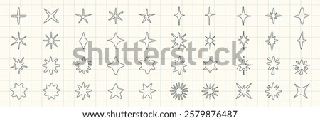 A grid of various star shapes on graph paper. Star shapes include crosses, diamonds, and bursts. Star shapes are diverse, with different angles and points. Element vector set.