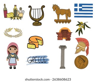 A grid of various stylized icons representing aspects of Greece.