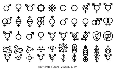 A grid of various symbols representing different gender identities and sexual orientations including male female transgender and intersex icons