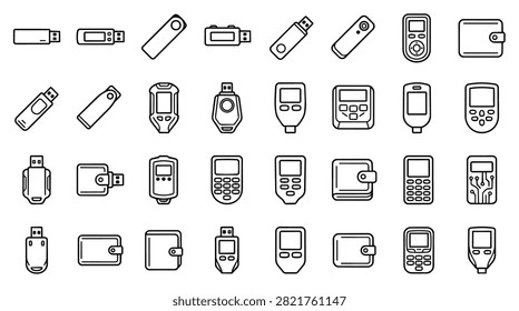 A grid of various USB flash drives and small digital devices icons in a clean line art style.