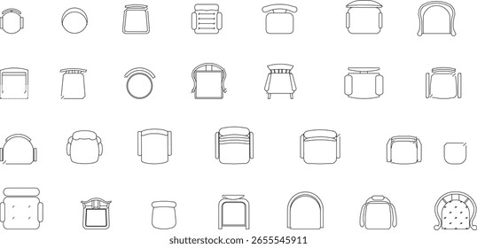 grid of various vector diagrams of single chairs and stools, presented in a top-down, minimalist line art style
