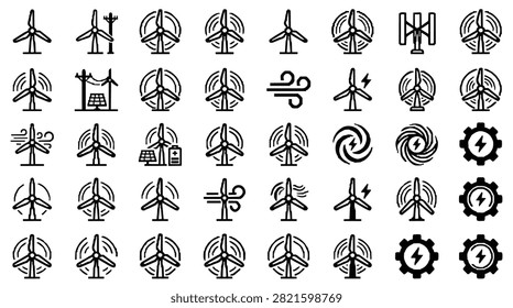 A grid of various wind turbine icons and related symbols representing renewable energy and power generation.