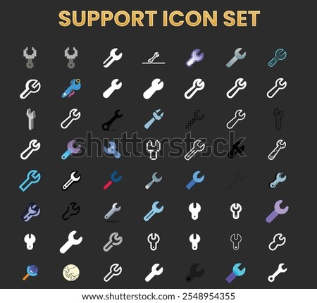 A grid of various wrench icons in different colors and styles. 


The icons are arranged in a grid pattern, with rows and columns of similar-sized wrench images. 


Colors include shades of gray, blac