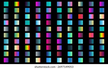 Grade de quadrados gradientes vibrantes em um plano de fundo preto, exibindo uma variedade de cores e transições.