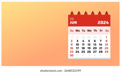 Grid view of June 2024 calendar month. Orange calendar landscape. June 2024 calendar. 2024 Weekend starts sunday. Clean template for media post and ads. Vector illustration.