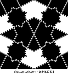 Papel pintado de la cuadrícula. Ornamento geométrico.Fondo de polígonos. Cometas, estrellas, figuras de fondo. Motivo geométrico. Papel digital, impresión textil, diseño web, abstracto. Patrón sin problemas. Obra vectorial.