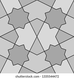 Grid wallpaper. Kites, stars, figures background. Polygons backdrop. Geometric ornament. Geometrical motif. Digital paper, textile print, web design, abstract. Seamless pattern. Vector artwork.