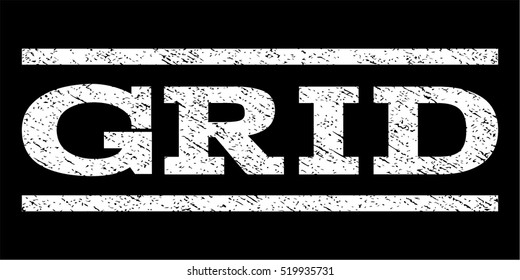 Grid watermark stamp. Text caption between horizontal parallel lines with grunge design style. Rubber seal stamp with scratched texture. Vector white color ink imprint on a black background.