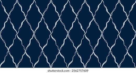 Grid of wavy lines seamless pattern. White curved lines on dark blue background. Abstract geometry rhomb grid background. Fantasy elegant geometric ornament vector illustration.