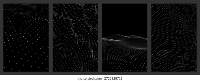 Grid of white dots forming abstract waves on black background. Digital data visualization, dynamic texture element for technology design.