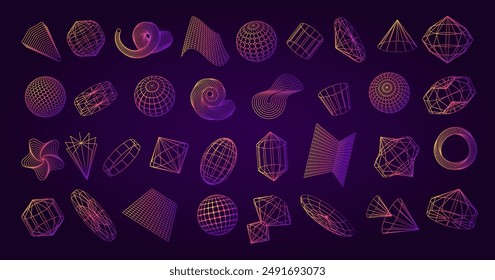 Grid wireframe. Cyber retro shapes. Punk wave. 80s perspective portal. Futuristic gravity. 90s mesh figures. Cyberpunk geometry frame. Sphere line globe. Gradient spiral. Vector 3D tech elements set