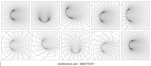 Grid wormhole wireframe tunnel. 3d gravity quantum, vector wormhole illustration. Singularity abstract black hole vortex concept 3d illustration. EPS 10.