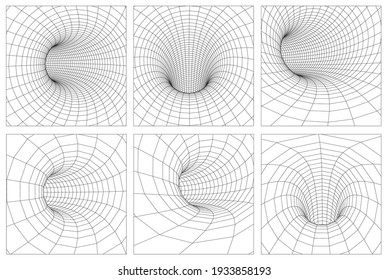 Grid wormhole wireframe tunnel. 3d gravity quantum, vector wormhole illustration. Singularity abstract black hole vortex concept 3d illustration. EPS 10.