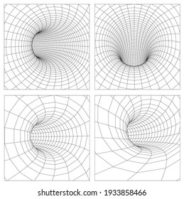 Grid wormhole wireframe tunnel. 3d gravity quantum, vector wormhole illustration. Singularity abstract black hole vortex concept 3d illustration. EPS 10.