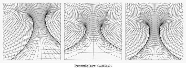 Grid wormhole wireframe tunnel. 3d gravity quantum, vector wormhole illustration. Singularity abstract black hole vortex concept 3d illustration. EPS 10.