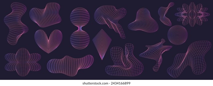 Grid y2k set abstract geometry shape. 3d graphic design y2k retro style. Mesh grid line shape. Vector illustration