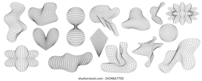 Grid y2k set abstract geometry shape. 3d graphic design y2k retro style. Mesh grid line shape. Vector illustration