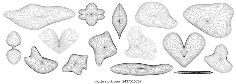 Grid y2k set abstract geometry shape. 3d graphic design y2k retro style. Mesh grid line shape. Vector illustration