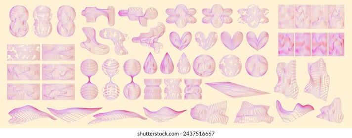 Grid y2k set abstract geometry shape. 3d graphic design y2k retro style. Mesh grid line shape. Vector illustration