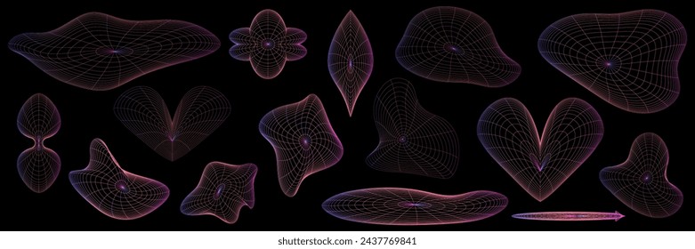 Grid y2k set abstract geometry shape. 3d graphic design y2k retro style. Mesh grid line shape. Vector illustration