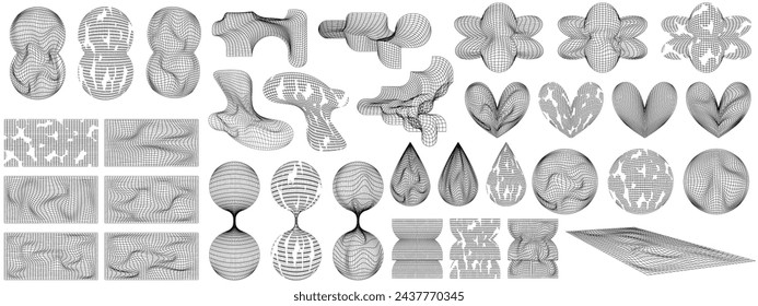 Grid y2k set abstract geometry shape. 3d graphic design y2k retro style. Mesh grid line shape. Vector illustration
