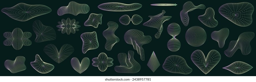 Grid y2k set abstract geometry shape. 3d graphic design y2k retro style. Mesh grid line shape. Vector illustration