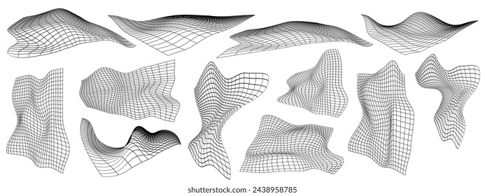 Grid y2k set abstract geometry shape. 3d graphic design y2k retro style. Mesh grid line shape. Vector illustration