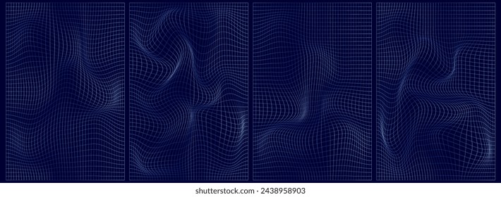 Grid y2k set abstract geometry shape. 3d graphic design y2k retro style. Mesh grid line shape. Vector illustration
