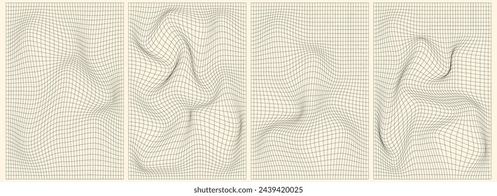 Grid y2k set abstract geometry shape. 3d graphic design y2k retro style. Mesh grid line shape. Vector illustration