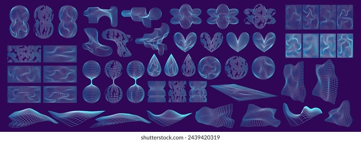 Grid y2k set abstract geometry shape. 3d graphic design y2k retro style. Mesh grid line shape. Vector illustration