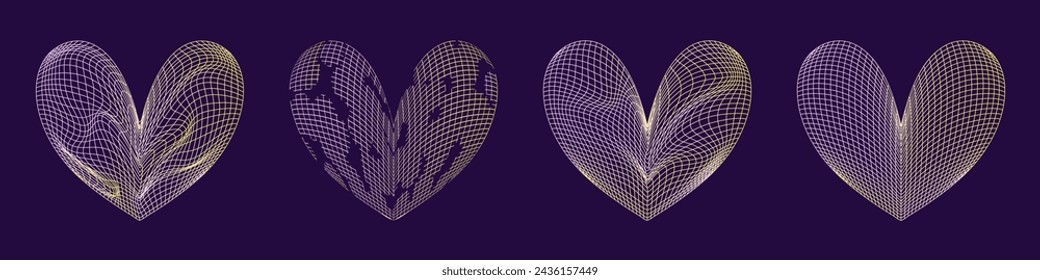 Grid y2k set heart gradient shape. 3d graphic design y2k retro style. Mesh grid line shape. Vector illustration