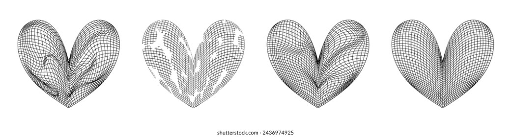 Grid y2k set heart shape. 3d graphic design y2k retro style. Mesh grid line shape. Vector illustration