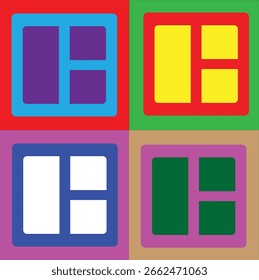 Un conjunto de iconos basado en cuadrícula que muestra diferentes diseños de ventanas o paneles, perfecto para diseños de paneles o selectores de diseño en el desarrollo de App y Web. Limpio, colorido y a base de Vector