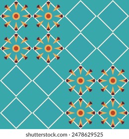 Grid-based seamless geometric pattern built from multiple square boxes and small flowers