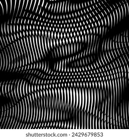 Gridded abstract black and white background with wavy linear moire effect. Metaverse concept poster for wall art, panel, poster, web banner, mobile apps, interior decor.