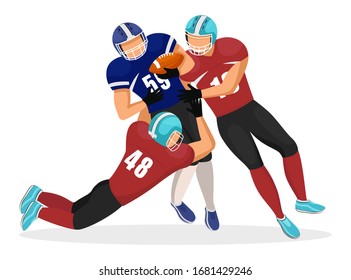 Gridiron player falling down trying to get ball. Isolated team members playing american football. Competing male personages. Participation between professional footballers. Vector in flat style