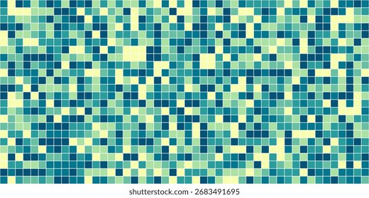 A grid-like pattern composed of small, square tiles in shades of blue, green, and yellow, creating a mosaic effect.