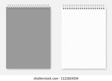 Grid-lined A6 size wirebound notebook design: page and grey cover. Spiral bound squared paper notepad mockup