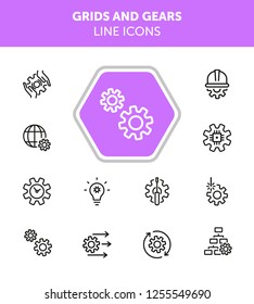 Grids and gears line icons. Set of line icons on white background. Technology concept. Control, internet, machinery. Vector illustration can be used for topics like machinery, progress, industry
