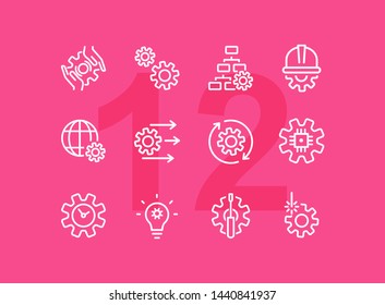 Grids and gears line icons. Set of line icons on white background. Technology concept. Control, internet, machinery. Vector illustration can be used for topics like machinery, progress, industry