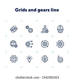 Grids and gears line icons. Set of line icons on white background. Technology concept. Control, internet, machinery. Vector illustration can be used for topics like machinery, progress, industry