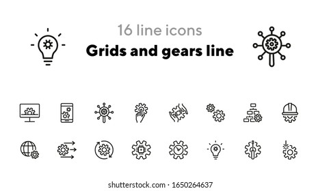 Iconos de línea de cuadrículas y engranajes. Conjunto de iconos de línea en fondo blanco. Concepto tecnológico. Control, Internet, maquinaria. La ilustración vectorial puede utilizarse para temas como maquinaria, progreso, industria