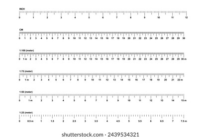 Grids for a ruler in millimeter, centimeter, meter and inch. Rulers mm, cm, m scale. metric units measuring scale bars for ruler. scale 1:100, 1:75, 1:50 and 1:25. Tape measure. School tools