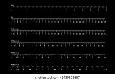 Gitter für ein Lineal in Millimeter, Zentimeter, Meter und Zoll. Maßstäbe mm, cm, m Maßstab. Maßeinheiten Maßstabsbalken für Maßstab 1:100, 1:75, 1:50 und 1:25. Maßband. Extras Zeichen