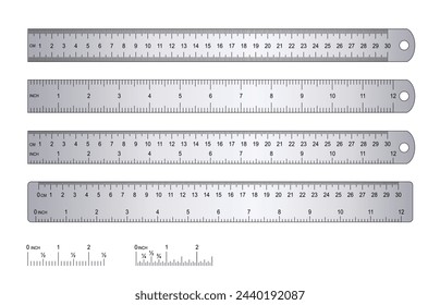 Grids for a ruler in millimeter, centimeter, meter and inch. Metal rulers mm, cm, m scale. metric units measuring scale bars for ruler scale. Tape measure. Tools sign. 