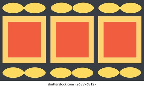 Grid-style orange and yellow squares surrounded by horizontal ellipse shapes over dark gray.