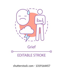 Grief concept icon. Sorrow idea thin line illustration. Depression emotion. Sad, calm worried person. Nervous tension. Anxiety problem feeling. Vector isolated outline drawing. Editable stroke