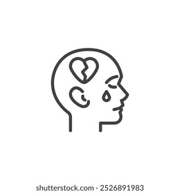 Grief Counseling line icon. linear style sign for mobile concept and web design. Person with a tear and a broken heart outline vector icon. Symbol, logo illustration. Vector graphics